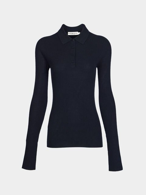 Arch4 - Nightingale Baby Goat Cashmere Long-Sleeved Polo Top | Size: S - Navy - ABASK - 