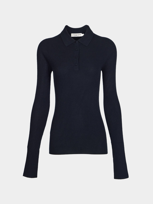 Arch4 - Nightingale Baby Goat Cashmere Long-Sleeved Polo Top | Size: S - Navy - ABASK - 