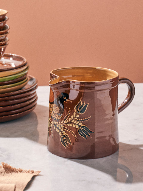 Poterie d’Évires - Birds Hand-Painted Ceramic Straight-Edge Jug (34oz/1L) - Light brown - ABASK