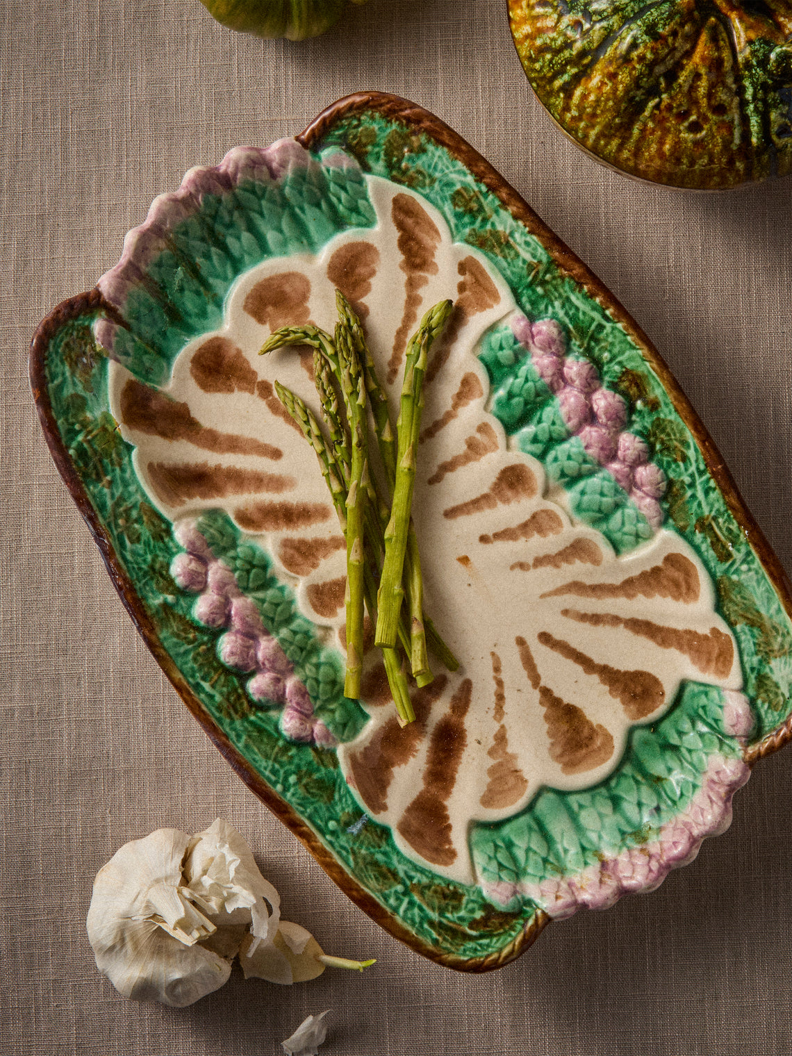 Antique and Vintage - 1950s Ceramic Asparagus Serving Dish on Platter - Multiple - ABASK