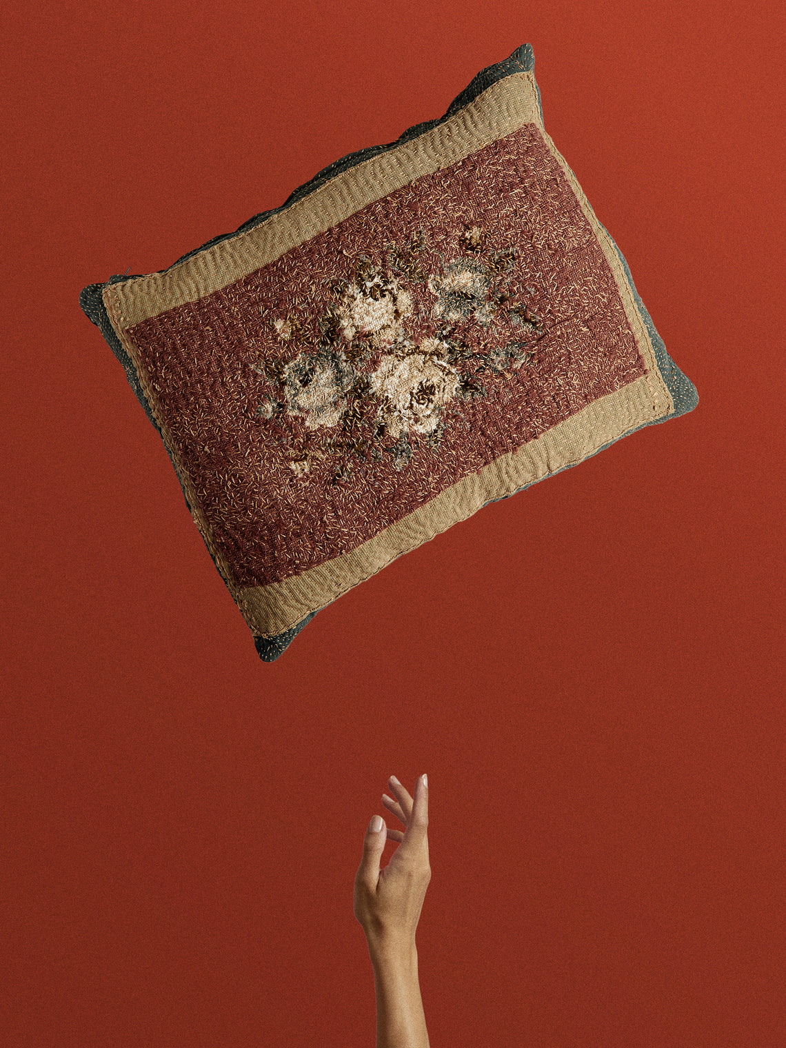 By Walid - 19th-Century Victorian Needlepoint Wool and Linen Cushion (25.5in/65cm) - Red - ABASK