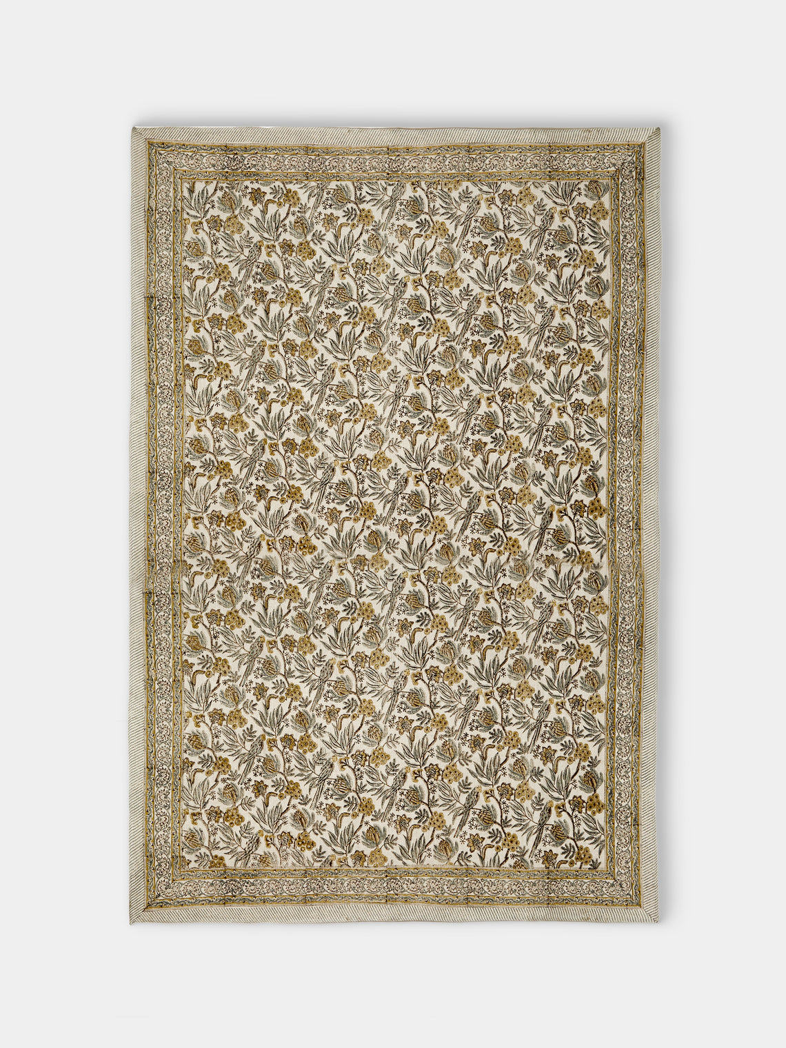 Chamois - Parrot Block-Printed Linen Rectangular Tablecloth (90.5in/2.3m) - Natural - ABASK