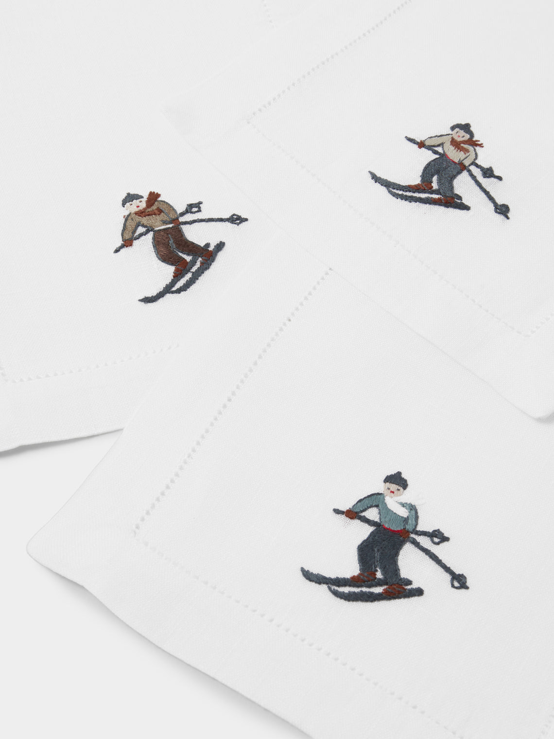 ERI Textiles - | Set of 6 | Skiers Hand-Embroidered Linen Cocktail Napkins - White - ABASK