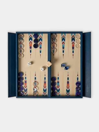 Alexandra Llewellyn - Blue Aztec Leather Travel Backgammon Set - Blue - ABASK - 