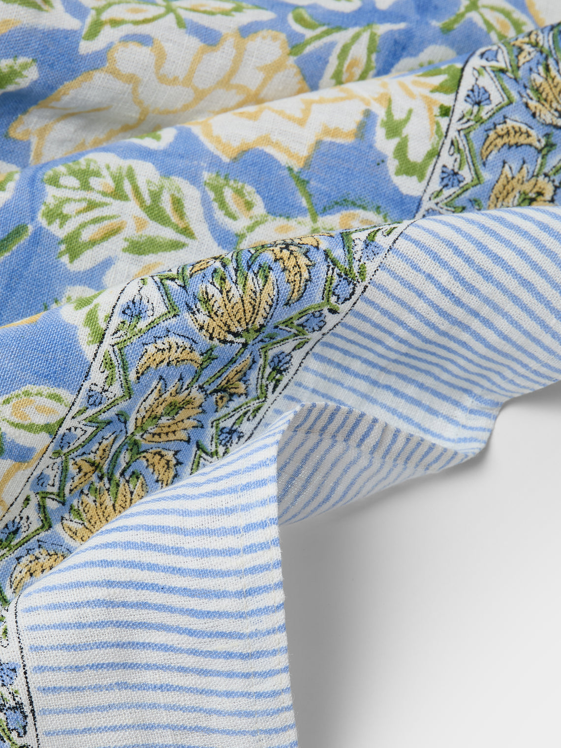 Chamois - Dahlia Block-Printed Linen Round Tablecloth (86.5in/2.2m) - Blue - ABASK
