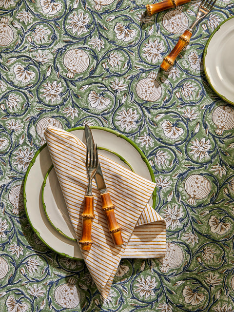 Chamois - Tangier Pomegranate Block-Printed Cotton Round Tablecloth (63in/1.6m) - Green - ABASK
