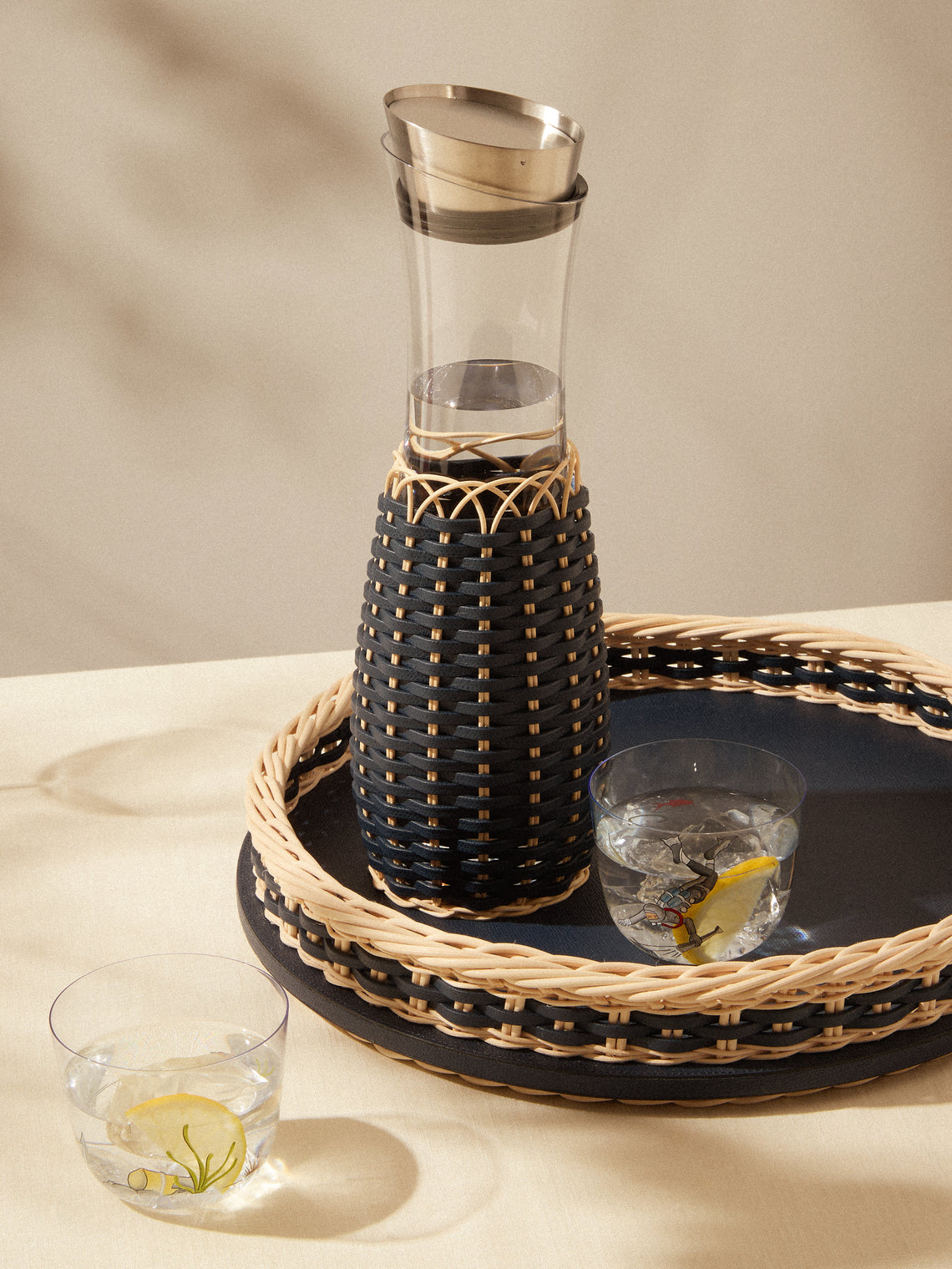 Pigment France - Dijon Leather and Rattan Carafe with Pourer - Blue - ABASK