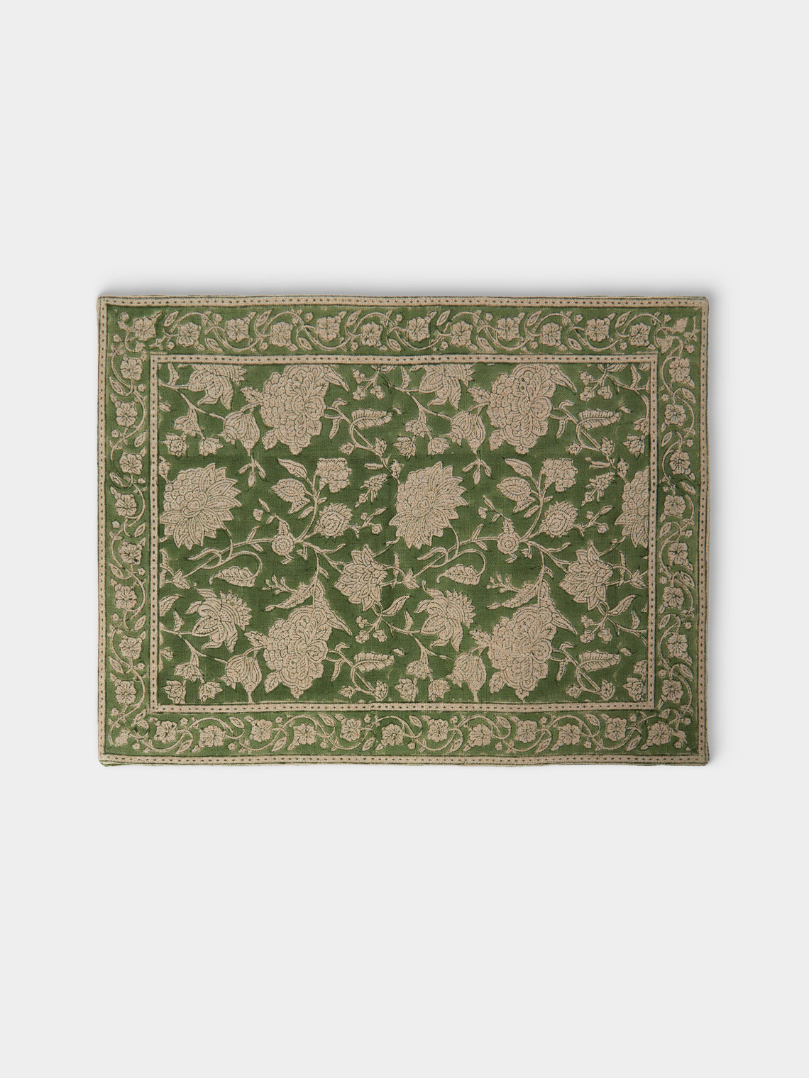 Chamois - | Set of 2 | Indian Rose Block-Printed Linen Placemats - Green - ABASK