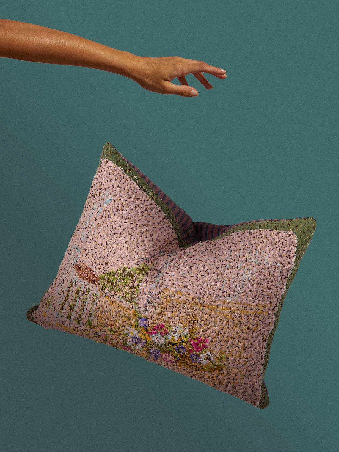 By Walid - 19th-Century Needlepoint Wool and Ticking Fabric Cushion (21.5in/55cm) - Multiple - ABASK