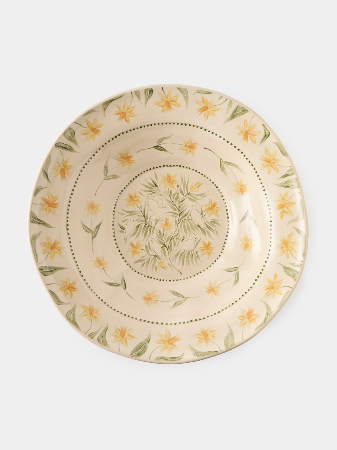 Rosanna Corfe - Doves and Daffodils Hand-Painted Ceramic Fruit Bowl - Cream - ABASK