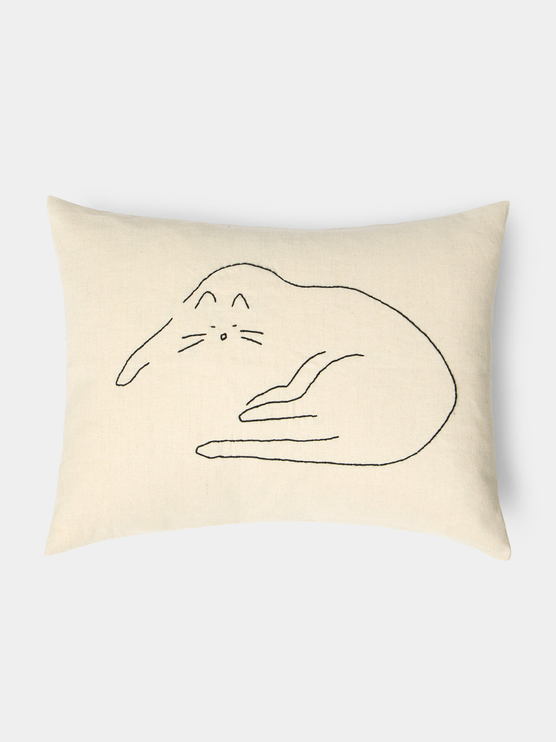 Oeuvres Sensibles - Cat Hand-Embroidered Cotton and Hemp Linen Cushion (15.5in/40cm) - Cream - ABASK - 