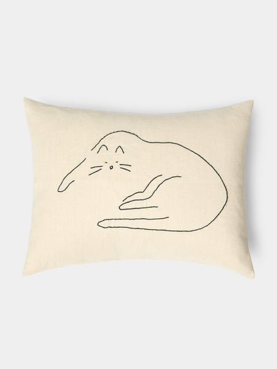 Oeuvres Sensibles - Cat Hand-Embroidered Cotton and Hemp Linen Cushion (15.5in/40cm) - Cream - ABASK - 