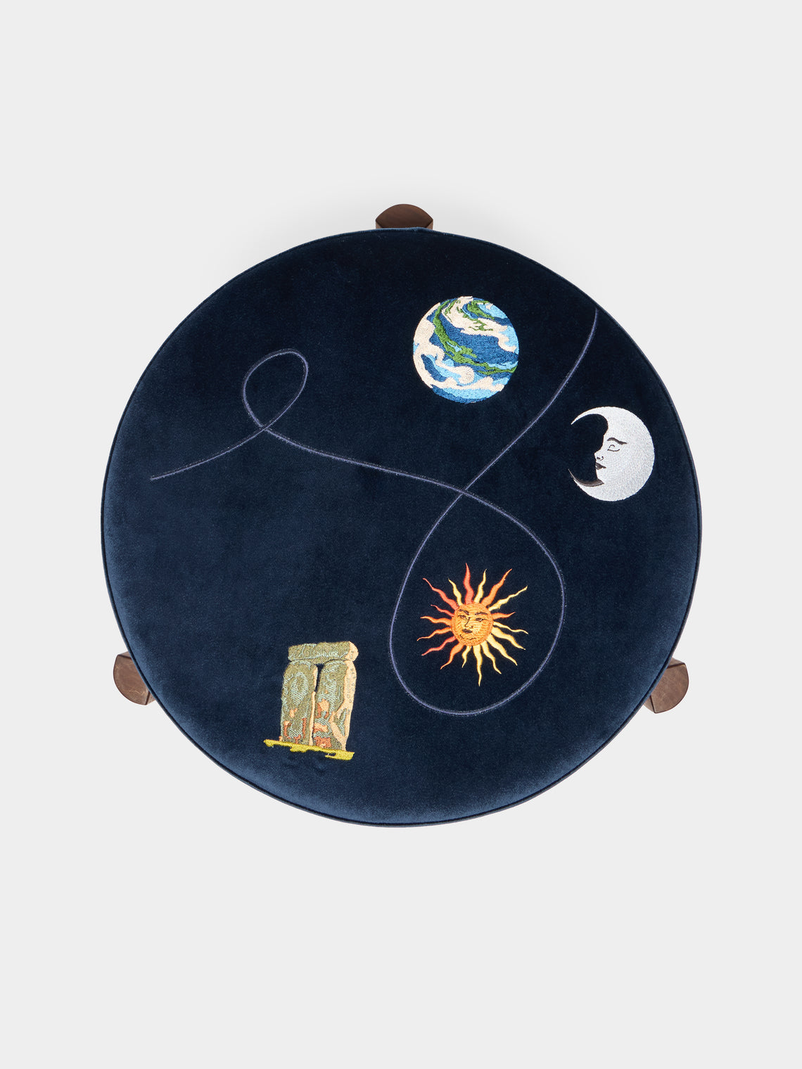 Uncommon Ancestor - Solstice Embroidered Velvet Round Footstool - Navy - ABASK