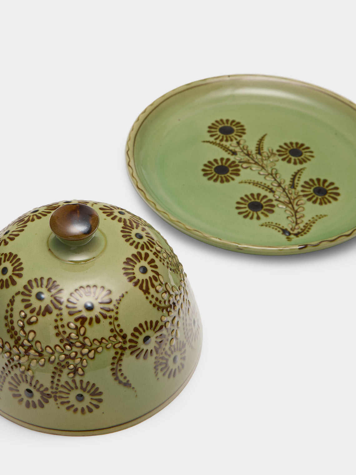 Poterie d’Évires - Flowers Hand-Painted Ceramic Large Lidded Butter Dish - Green - ABASK