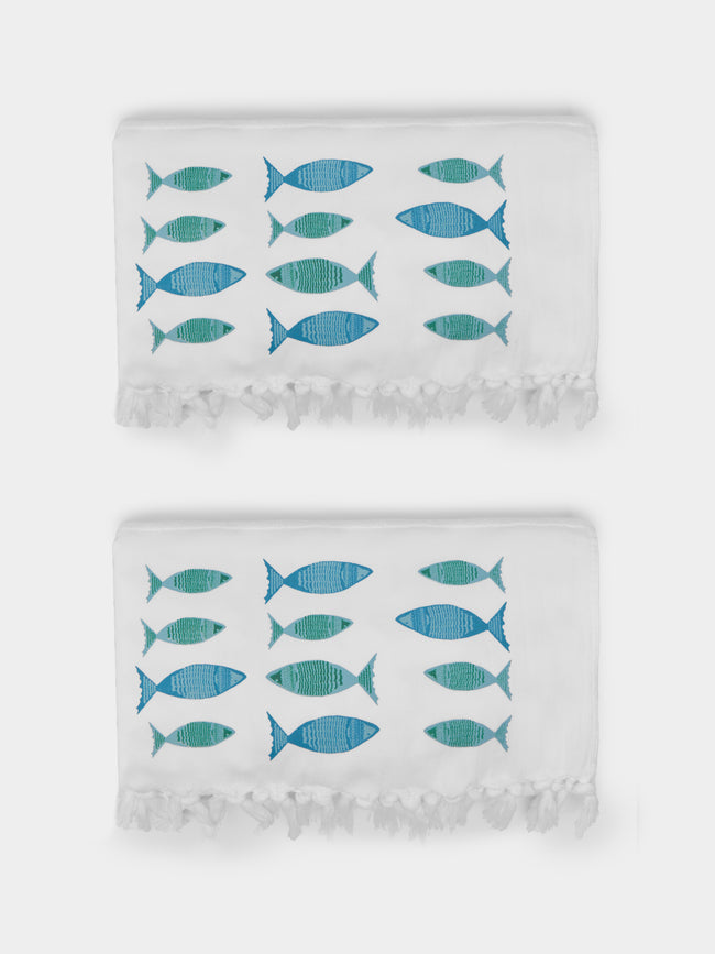Malaika - Small Fish Hand-Printed Cotton Beach Towels (Set of 2) -  - ABASK