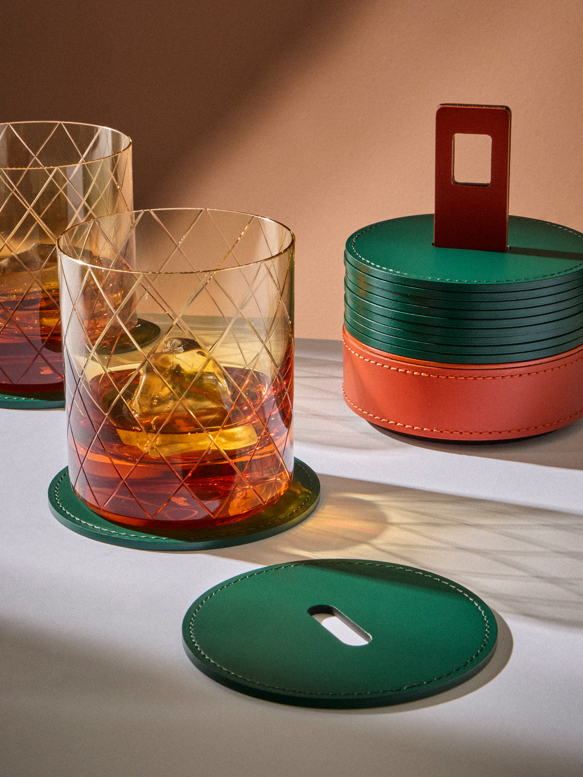 RUDI - | Set of 12 | Nautilus Leather Coasters with Holder - Green - ABASK