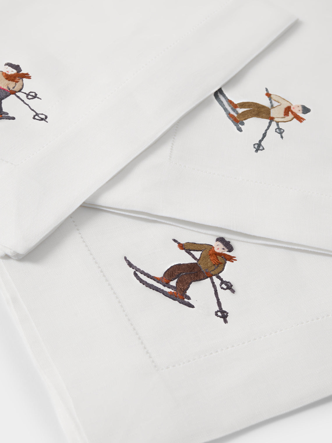 ERI Textiles - | Set of 4 | Skiers Hand-Embroidered Linen Napkins - White - ABASK