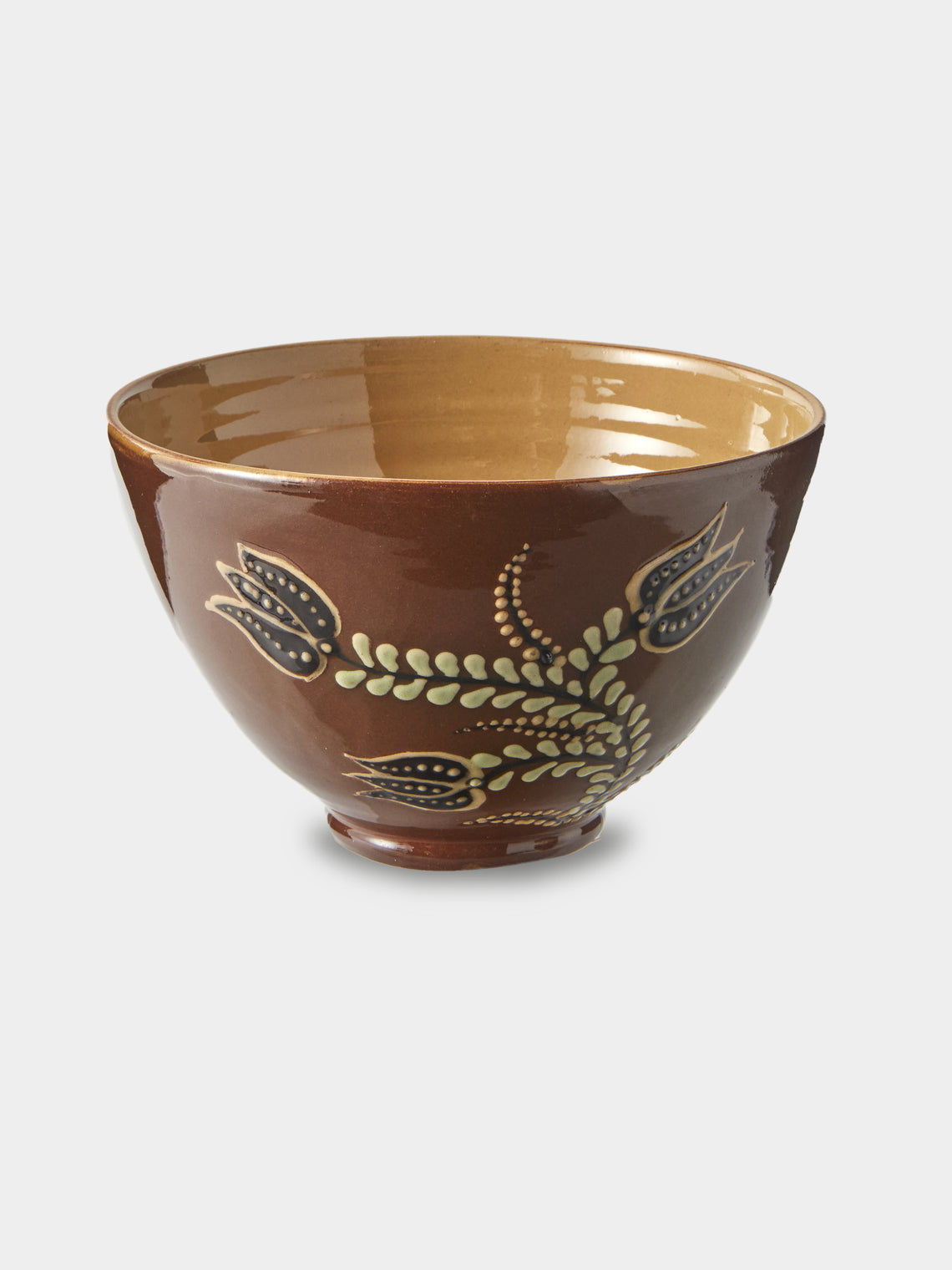 Poterie d’Évires - Birds and Flowers Hand-Painted Ceramic Grand Bowls (Set of 3) - Brown - ABASK