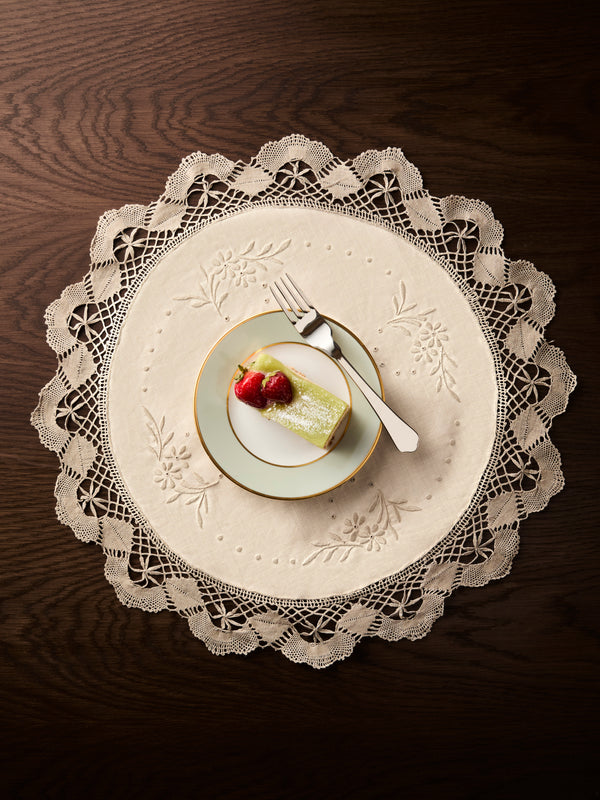 Rolane du Dreuih Creations - Lacework Linen Large Round Placemats (Set of 4) - Beige - ABASK