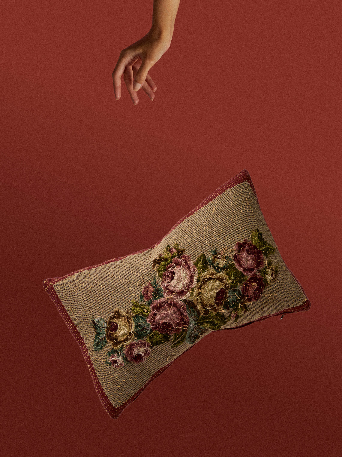 By Walid - 19th-Century Needlepoint Wool and Damask Cushion (19.5in/50cm) - Multiple - ABASK