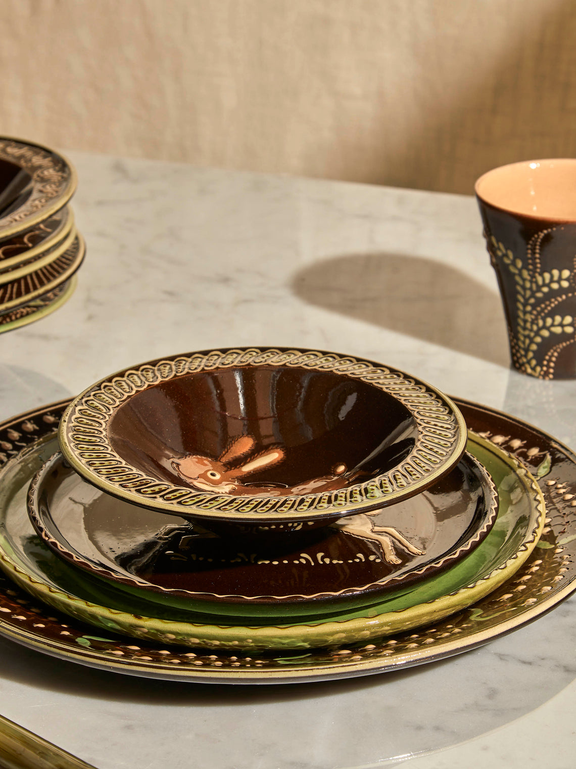 Poterie d’Évires - Animals Hand-Painted Ceramic Breakfast Bowls (Set of 6) - Dark brown - ABASK