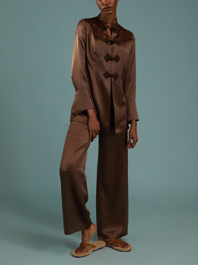Loretta Caponi - Azalea Silk Pajama Set | Size: S - Brown - ABASK