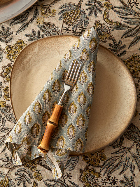 Chamois - Cypress Block-Printed Linen Napkins (Set of 4) - Blue - ABASK