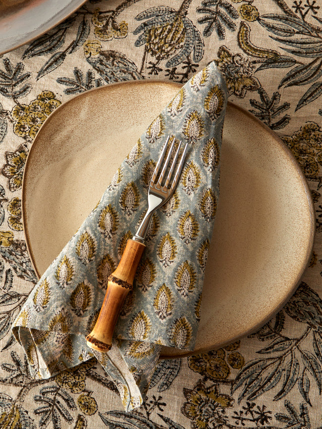 Chamois - Cypress Block-Printed Linen Napkins (Set of 4) - Blue - ABASK