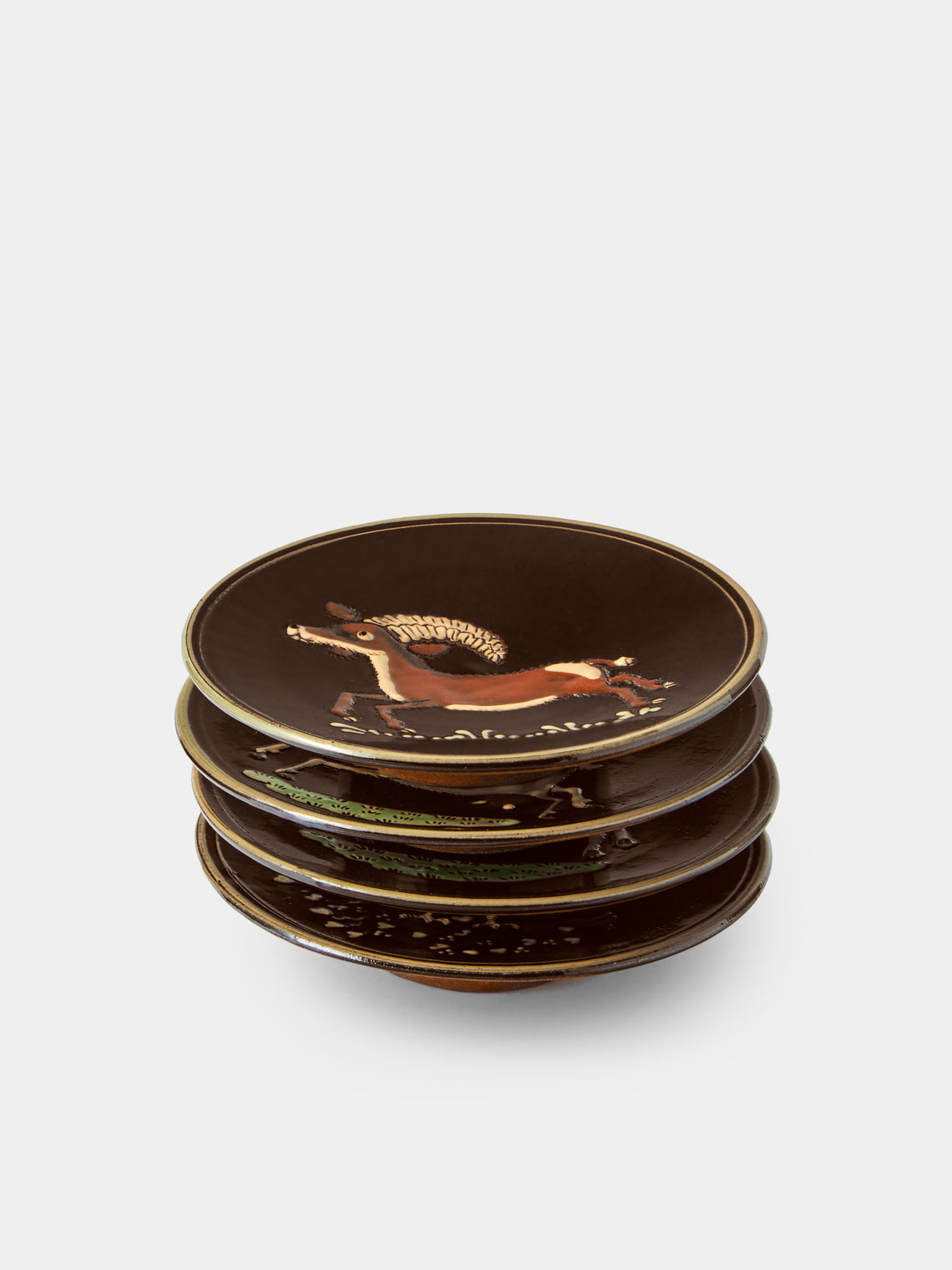 Poterie d’Évires - Animals Hand-Painted Ceramic Plates – 5.5in/14cm (Set of 4) - Dark Brown - ABASK