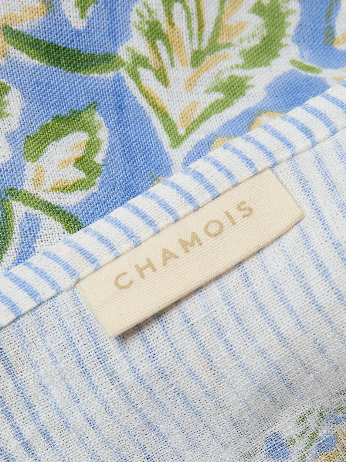 Chamois - Dahlia Block-Printed Linen Round Tablecloth (86.5in/2.2m) - Blue - ABASK