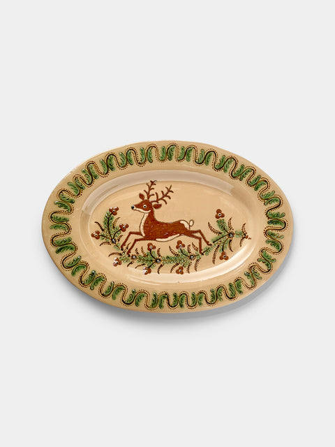 Poterie d’Évires - Deer Hand-Painted Ceramic Oval Platter - Cream - ABASK - 