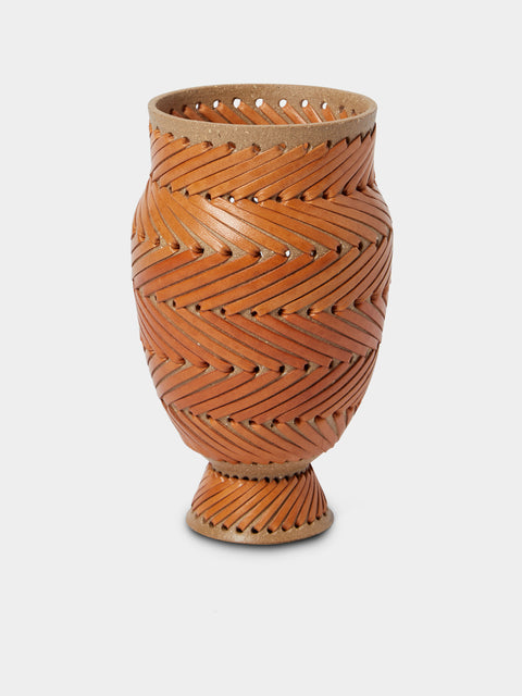 Silver Sentimenti - Gladiator Stoneware and Leather Vase (8.5in/22cm) - Orange - ABASK - 