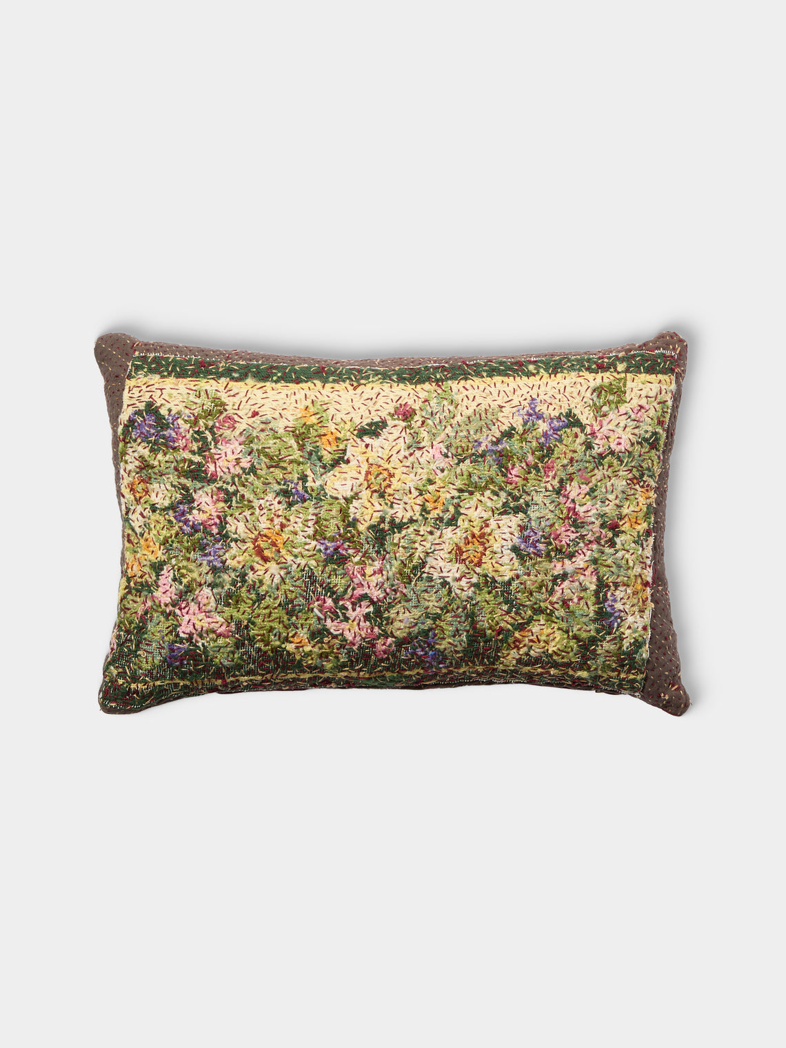 By Walid - 19th-Century Victorian Needlepoint Wool, Linen and Damask Cushion (19.5in/50cm) - Multiple - ABASK - 