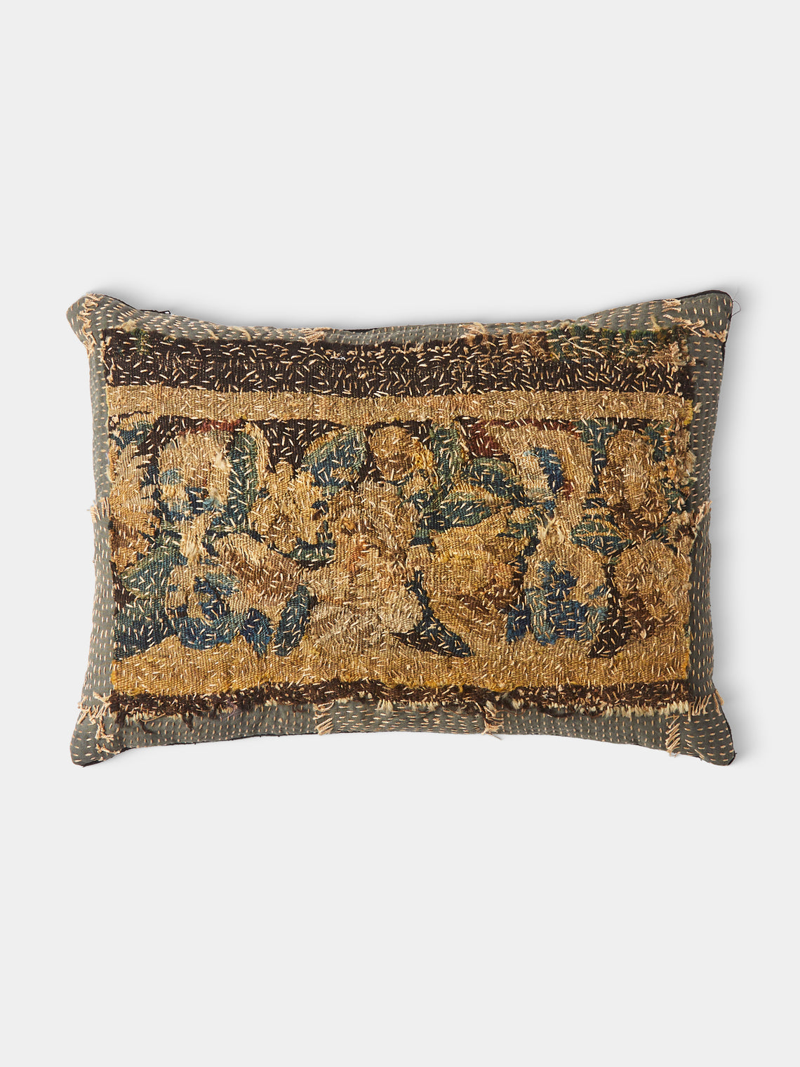 By Walid - 17th-Century French Tapestry and Linen Cushion (19.5in/50cm) - Navy - ABASK - 