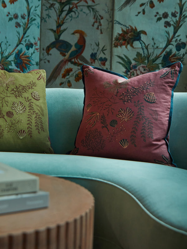 Rosemary Milner - Seaweed Hand-Embroidered Cotton Cushion -  - ABASK