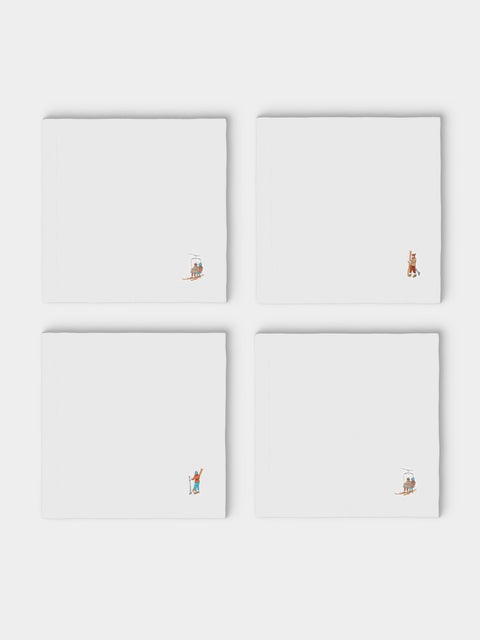 ERI Textiles - | Set of 4 | Up We Go Skiing Hand-Embroidered Linen Napkins - White - ABASK - 