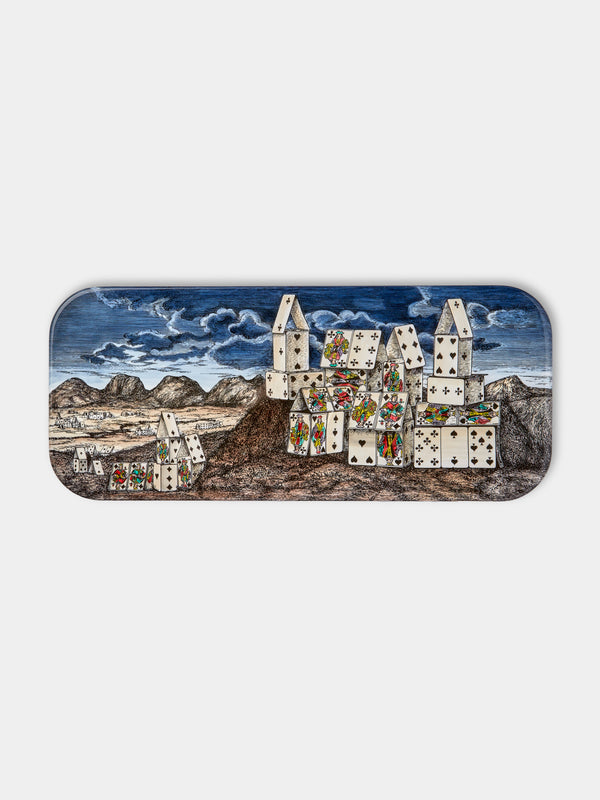 Fornasetti - Città di Carte Hand-Painted Wood Tray - Blue - ABASK - 