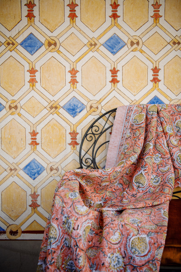 Chamois - Pomegranate Block-Printed Linen Small Rectangular Tablecloth - Orange - ABASK