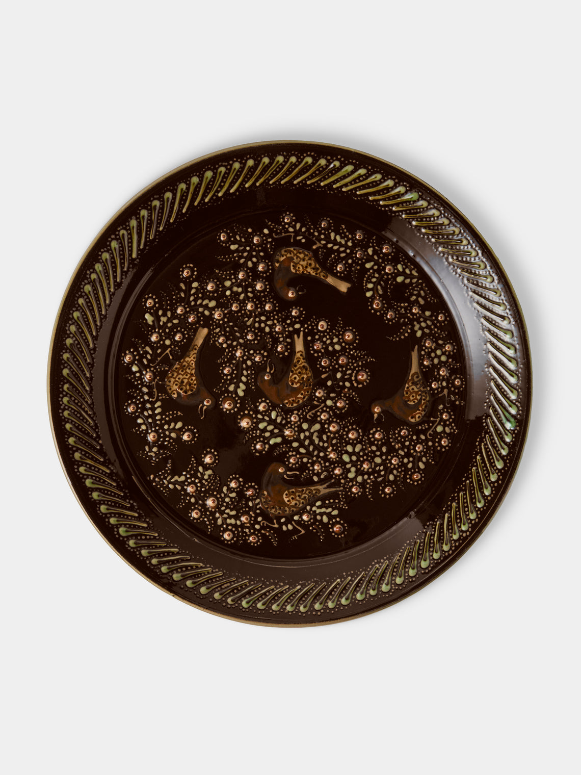 Poterie d’Évires - Birds Hand-Painted Ceramic Round Platter - Dark Brown - ABASK - 