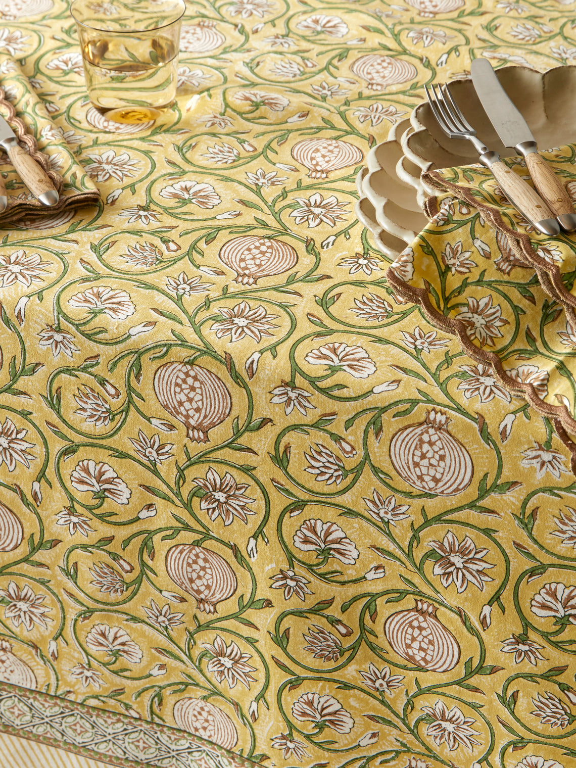 Chamois - Tangier Pomegranate Block-Printed Cotton Rectangular Tablecloth (106.5in/2.7m) - Yellow - ABASK