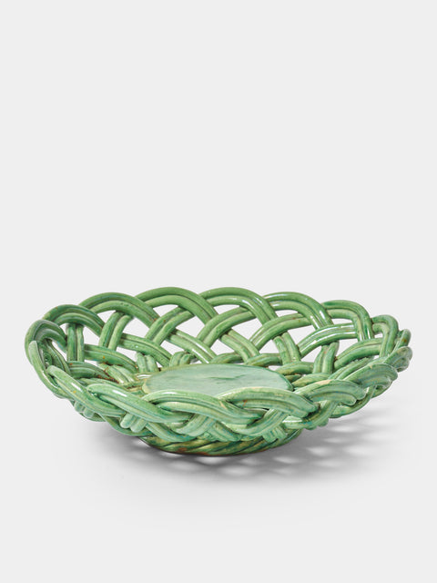 Antique and Vintage - Mid-Century Woven Ceramic Basket - Green - ABASK - 