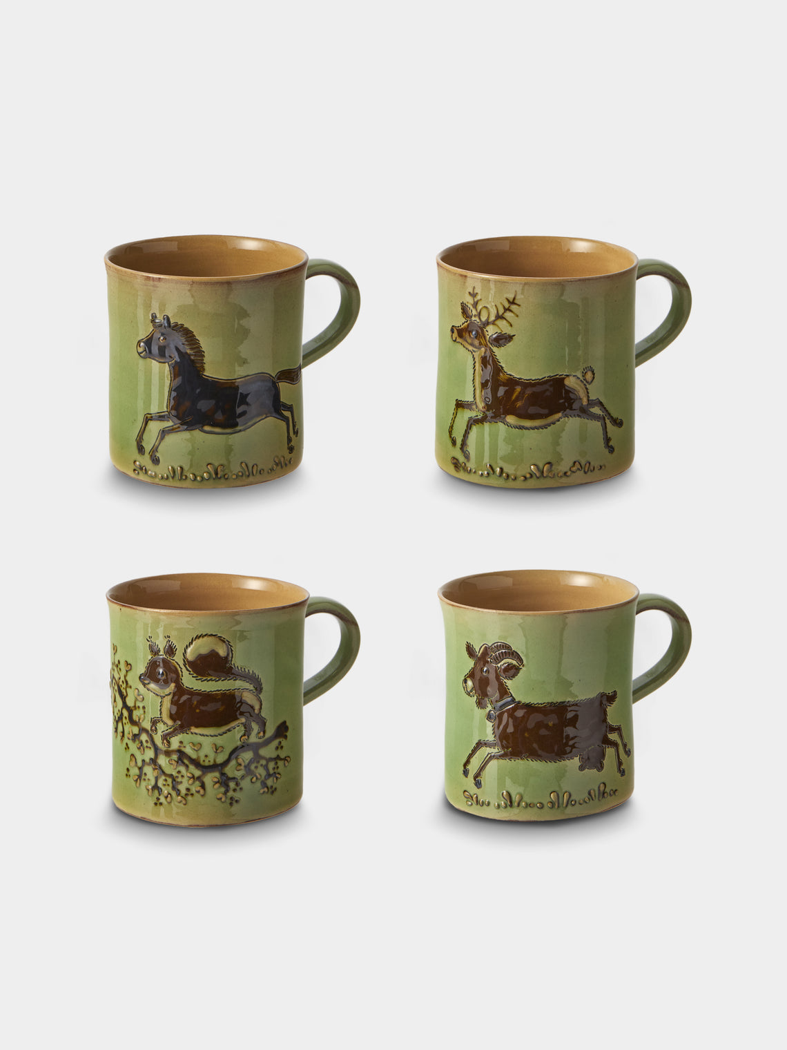 Poterie d’Évires - Animals Hand-Painted Ceramic Mugs (Set of 4) - Green - ABASK - 
