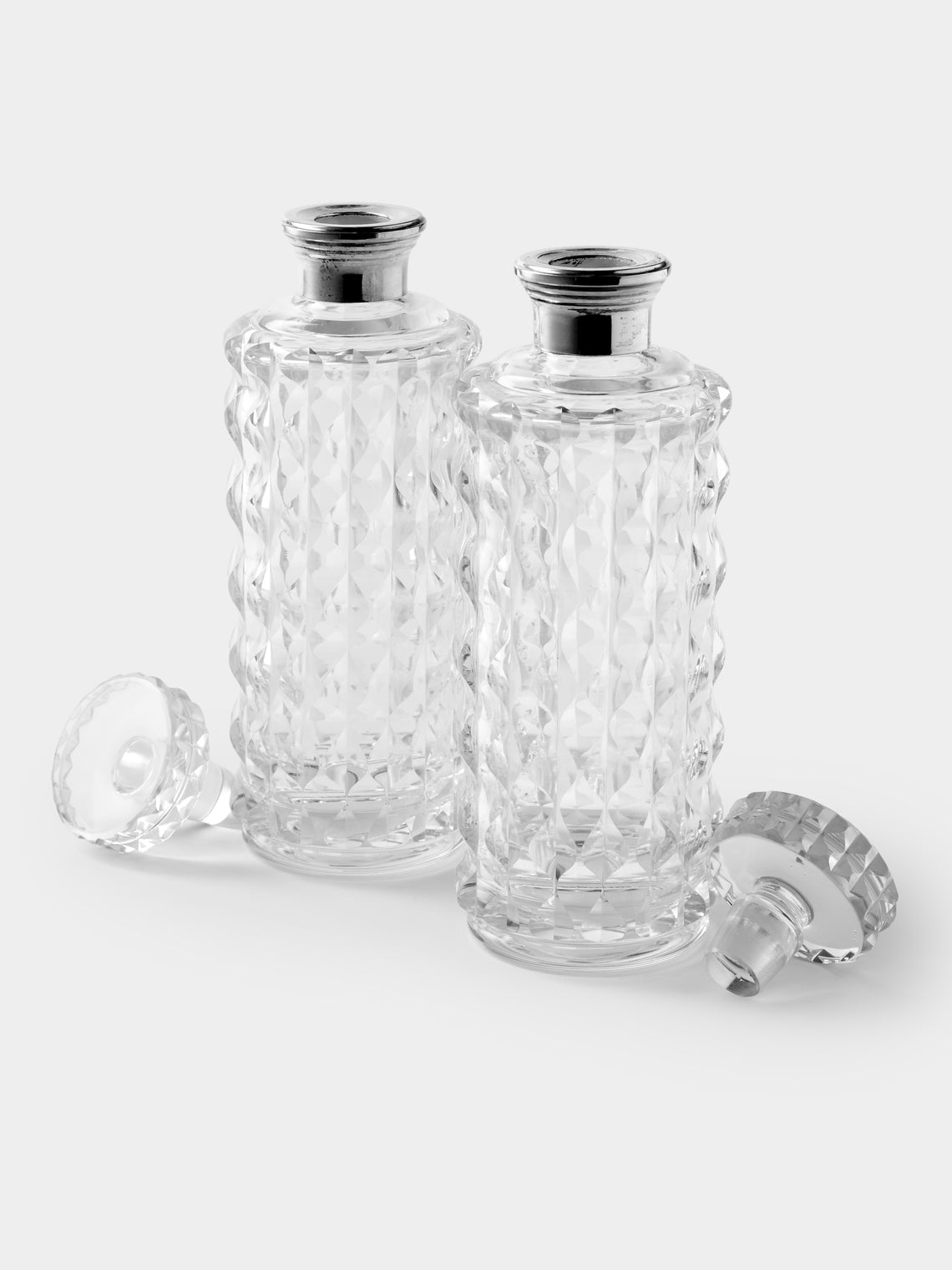 Antique and Vintage - 1930s Art Deco Crystal and Solid Silver Decanters (Set of 2) - Clear - ABASK