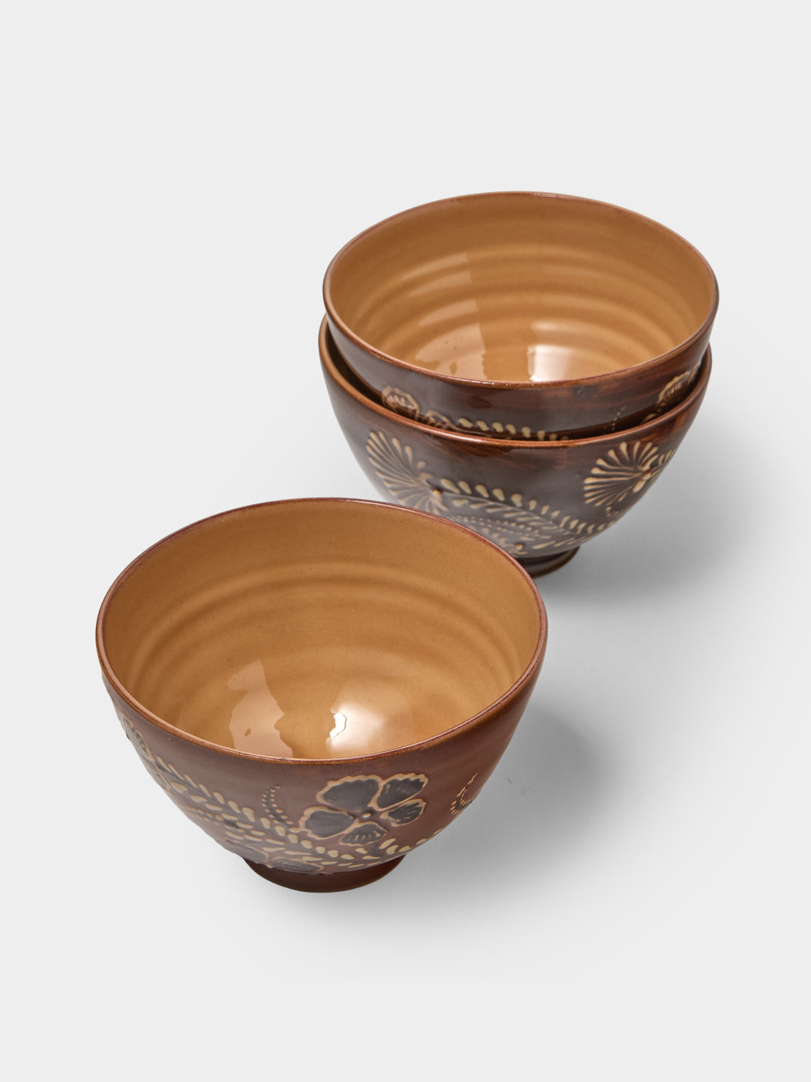 Poterie d’Évires - Flowers Hand-Painted Ceramic Bowls (Set of 3) - Dark brown - ABASK