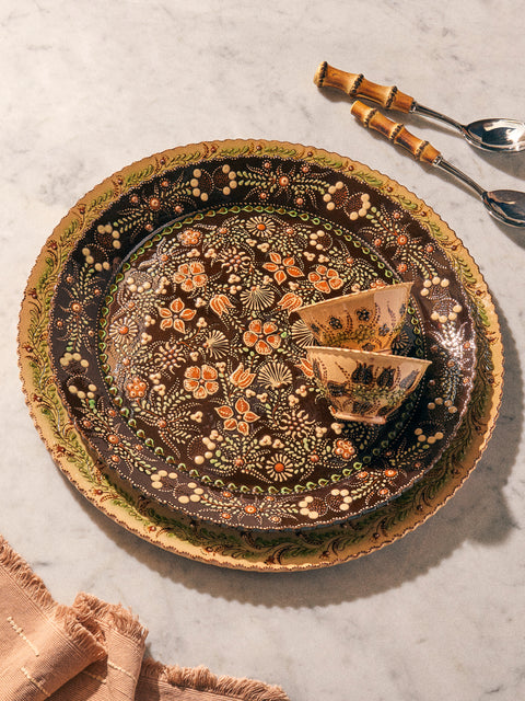 Poterie d’Évires - Flowers Hand-Painted Ceramic Large Platter - Dark brown - ABASK