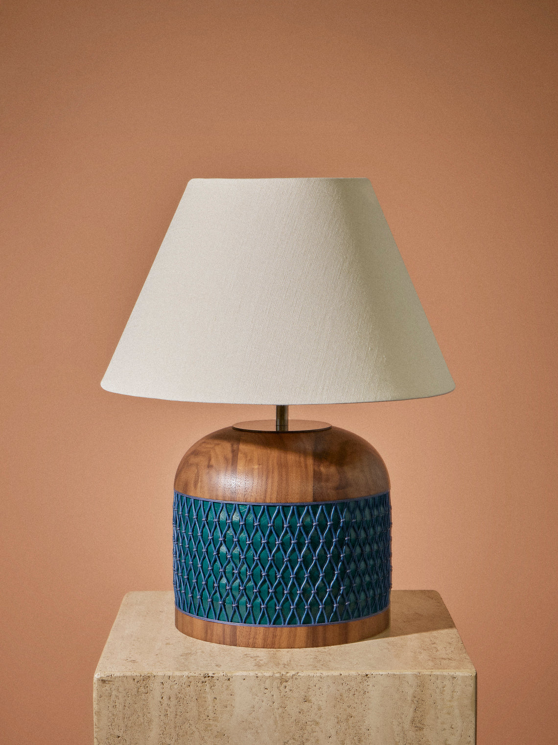 Aimee Betts - Ricasso Barrel Walnut and Leather Short Table Lamp Base - Navy - ABASK
