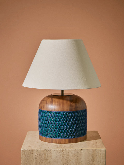 Aimee Betts - Ricasso Barrel Walnut and Leather Short Table Lamp Base - Navy - ABASK