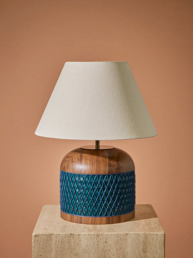 Aimee Betts - Ricasso Barrel Walnut and Leather Short Table Lamp Base - Navy - ABASK