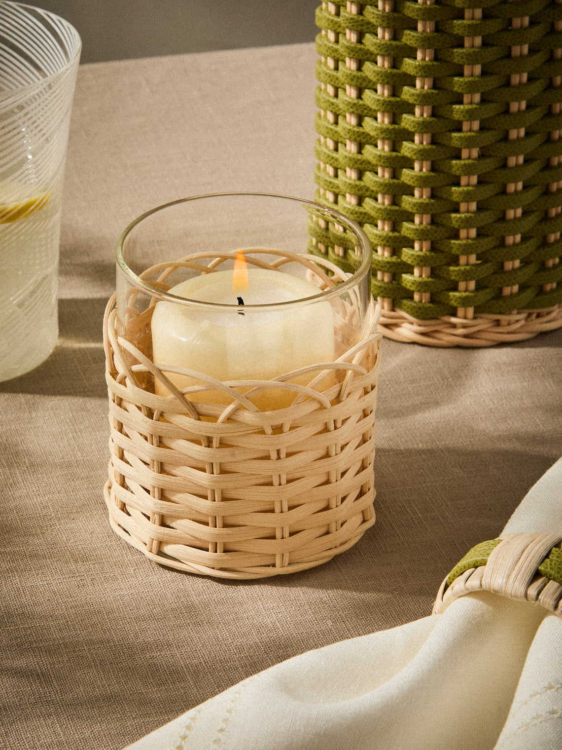 Pigment France - Wideville Rattan Table Candle Holder - Cream - ABASK