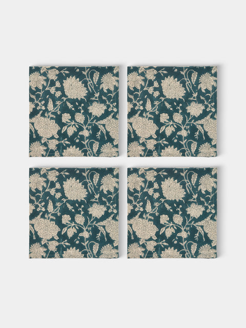 Chamois - Indian Rose Block-Printed Linen Napkins (Set of 4) - Blue - ABASK - 